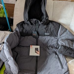 HEATED Black and Gray Hooded Puffer Jacket